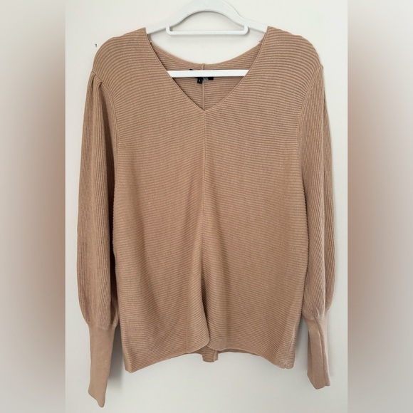1. State Camel Tan Balloon Sleeve V-Neck Modal Cotton Blend Sweater in Wild Oak - Picture 1 of 8